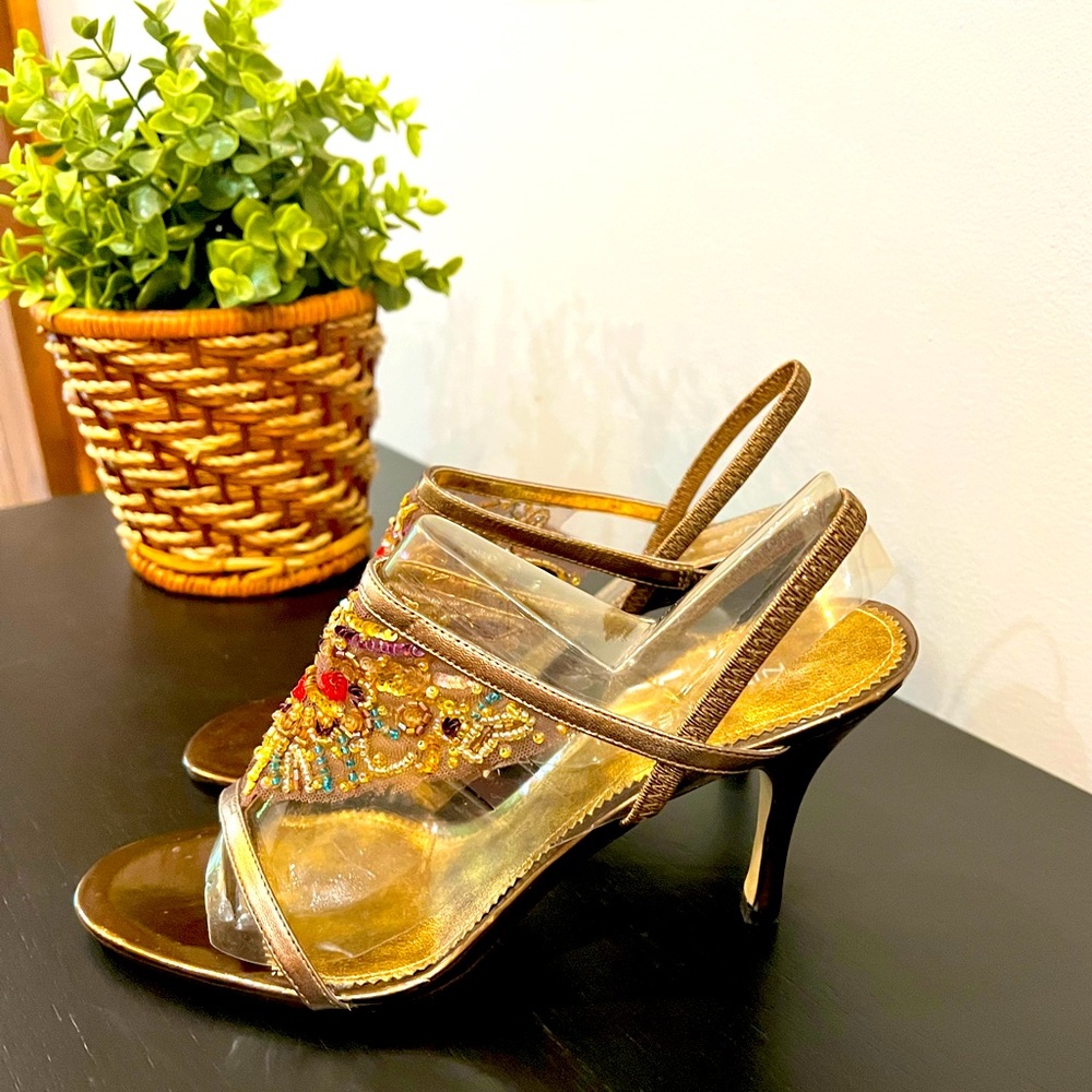 Nina West Leather Beaded Jewel Gem Gold Slingback Heels